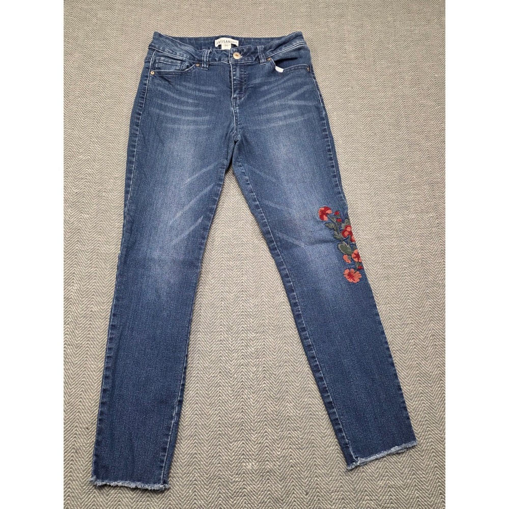 Artisan NY Womens Floral Embroidered Straight Leg Jeans Blue Raw Hem Size 4
